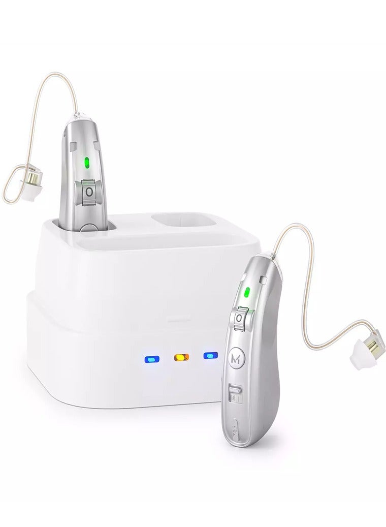 Rechargeable Hearing Aids for Seniors with Noise Cancelling, BTE Hearing Aid for People Hearing Loss Hearing Amplifier, Comfortable Fit, Charging Case（Silver） - Image 1
