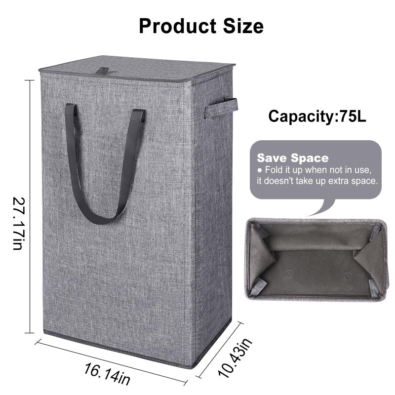 Odonata 75L Slim Laundry Hamper with Lid,Large Foldable Laundry Basket with Removable Bag and Handles Tall Collapsible Dirty Clothes Basket Great for Bedroom, Bathroom, Dorm, College,RV. (Grey, 75L) - Image 2