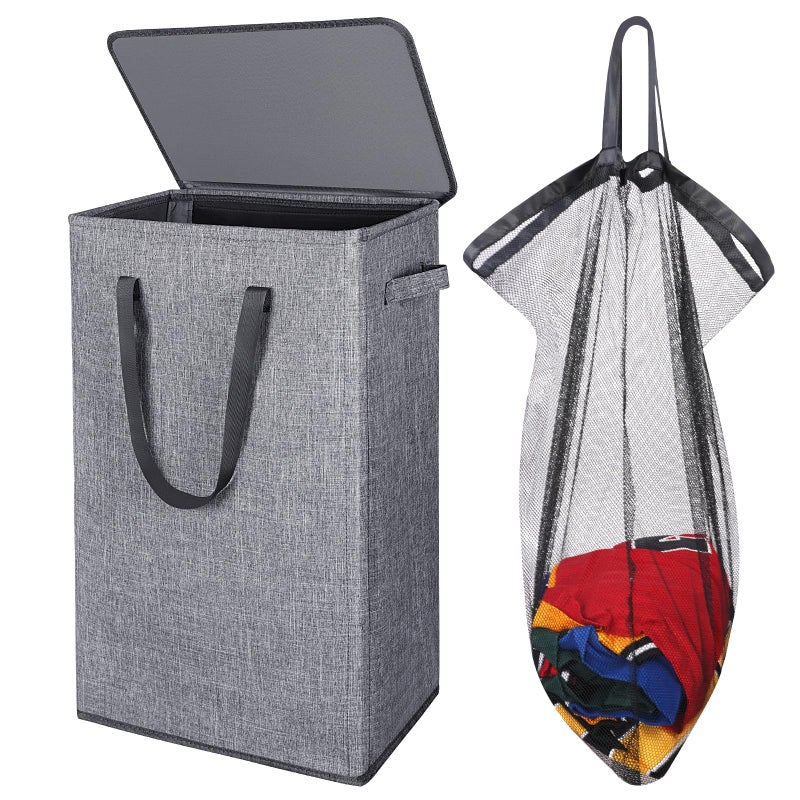 Odonata 75L Slim Laundry Hamper with Lid,Large Foldable Laundry Basket with Removable Bag and Handles Tall Collapsible Dirty Clothes Basket Great for Bedroom, Bathroom, Dorm, College,RV. (Grey, 75L) - Image 1