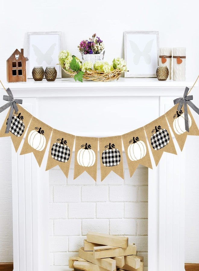 Doumeny Plaid Pumpkin Burlap Banner Buffalo Check Fall Banner Jute White Pumpkins Bunting Garland Autumn Harvest Bunting Flag Thanksgiving Party Banner for Home Wall Mantel Fireplace Farmhouse Decor - Image 1