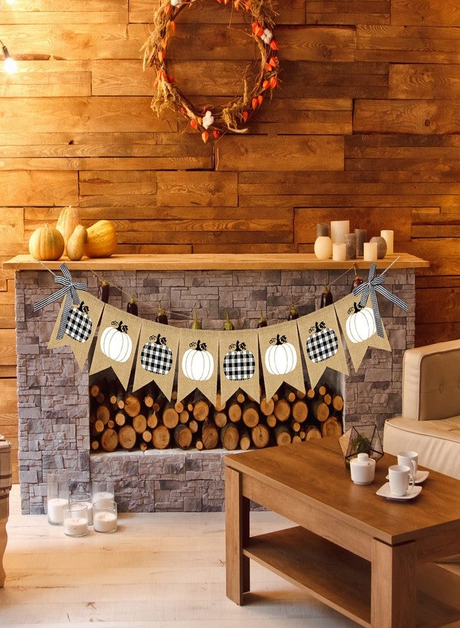 Doumeny Plaid Pumpkin Burlap Banner Buffalo Check Fall Banner Jute White Pumpkins Bunting Garland Autumn Harvest Bunting Flag Thanksgiving Party Banner for Home Wall Mantel Fireplace Farmhouse Decor - Image 5