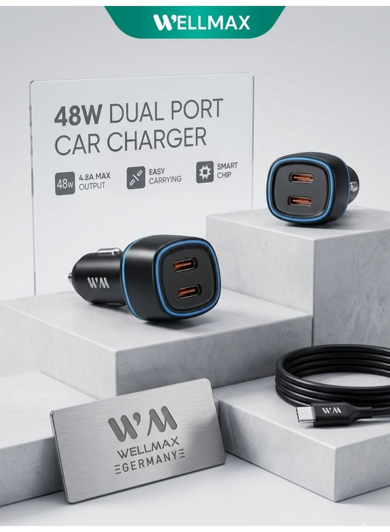 WELLMAX WM Dual Port Fast Car Charger USB C PD QC Charging Adapter with Type C to C Cable High Speed Car Charger for Android Samsung Mobile Tablet Compact Travel - Image 1