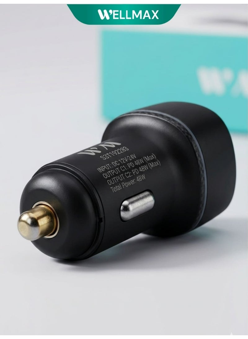 WELLMAX WM Dual Port Fast Car Charger USB C PD QC Charging Adapter with Type C to C Cable High Speed Car Charger for Android Samsung Mobile Tablet Compact Travel - Image 3