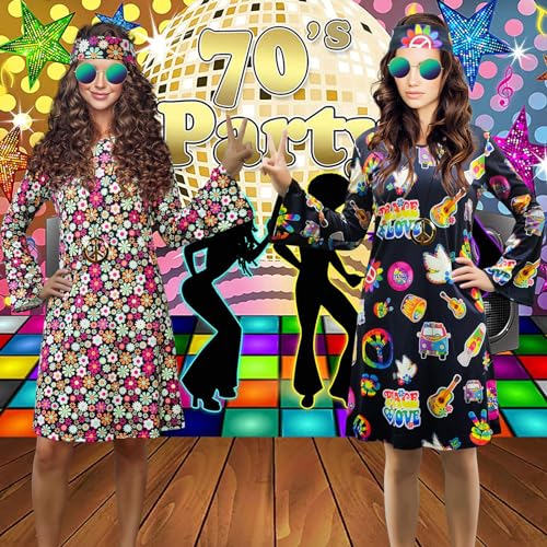 MRYUWB 70s Hippie Dress Costumes Necklace Earrings Sunglass Women Disco Outfit, 60s Party Costume, Halloween Retro Dresses(Black, XX-Large) - Image 5