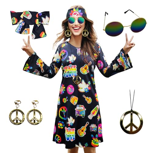 MRYUWB 70s Hippie Dress Costumes Necklace Earrings Sunglass Women Disco Outfit, 60s Party Costume, Halloween Retro Dresses(Black, XX-Large) - Image 1