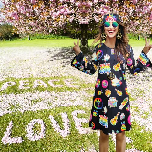 MRYUWB 70s Hippie Dress Costumes Necklace Earrings Sunglass Women Disco Outfit, 60s Party Costume, Halloween Retro Dresses(Black, XX-Large) - Image 3