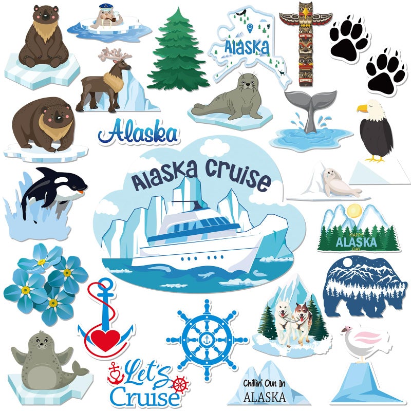Konohan 25 Pcs Alaskan Themed Fridge Magnetic Stickers Alaska Cruise Door Magnet Car Ship Magnetic Stickers Whale Sea Lion Seal Reindeer Refrigerator Magnet for Door Cruise Party Decor