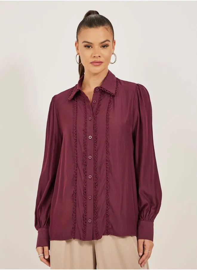 Styli Lace Detail Collared Plain Long Sleeve Shirt