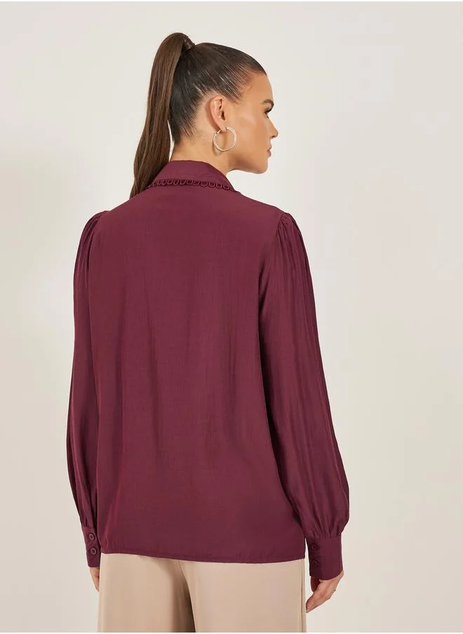 Styli Lace Detail Collared Plain Long Sleeve Shirt