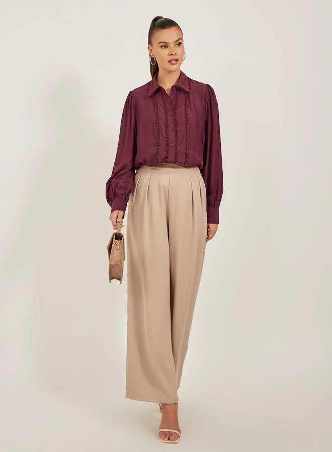 Styli Lace Detail Collared Plain Long Sleeve Shirt