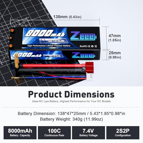 Zeee 2S 8000mAh Lipo Battery 7.4V 100C Hard Case Lipo Battery with 4mm Bullet T Plug for 1/8 1/10 RC Car Model Slash Buggy Team Associated - Image 2
