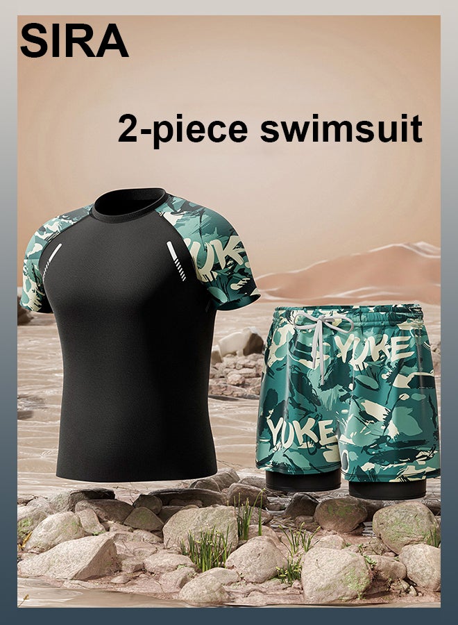 العربية طقم ملابس سباحة محتشمة للرجال - أخضر، قميص سباحة سريع الجفاف بعامل حماية من الأشعة فوق البنفسجية 50+ وشورت سباحة، قطعتان للسباحة والشاطئ والرياضات المائية - Image 1