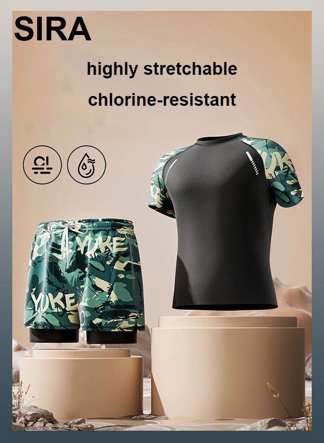 العربية طقم ملابس سباحة محتشمة للرجال - أخضر، قميص سباحة سريع الجفاف بعامل حماية من الأشعة فوق البنفسجية 50+ وشورت سباحة، قطعتان للسباحة والشاطئ والرياضات المائية - Image 2