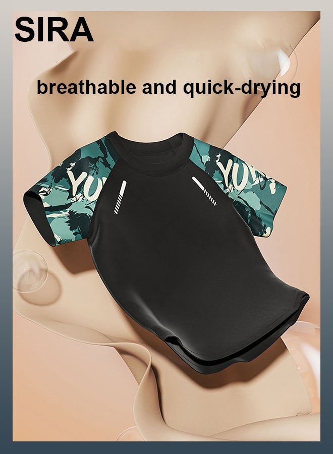 العربية طقم ملابس سباحة محتشمة للرجال - أخضر، قميص سباحة سريع الجفاف بعامل حماية من الأشعة فوق البنفسجية 50+ وشورت سباحة، قطعتان للسباحة والشاطئ والرياضات المائية - Image 3