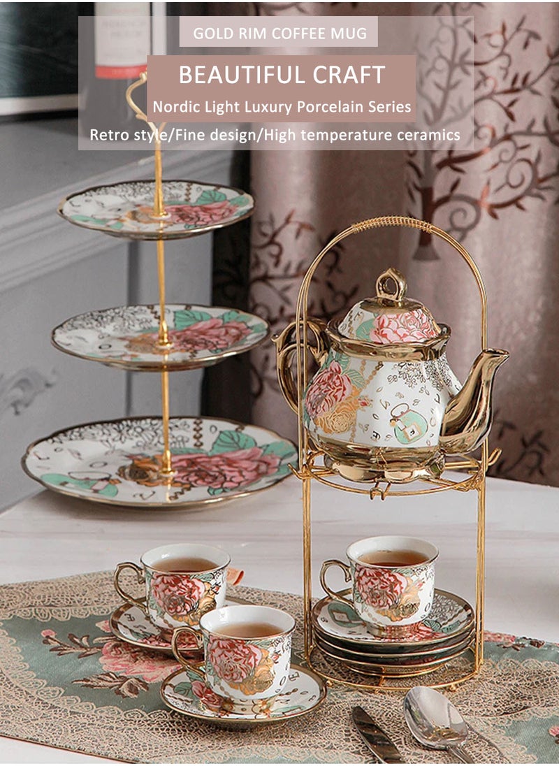 EzzySo - Deluxe Floral Ceramic Coffee Set with Golden Shelf 20 Pieces Hand-Painted Tea Set, Includes Cups, Saucers, Spoons, Teapot, Elegant Gifting, Gold Plated Ceramic Coffee Set Serving 6 People - Image 1