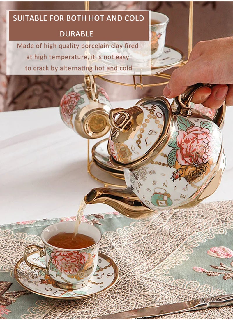 EzzySo - Deluxe Floral Ceramic Coffee Set with Golden Shelf 20 Pieces Hand-Painted Tea Set, Includes Cups, Saucers, Spoons, Teapot, Elegant Gifting, Gold Plated Ceramic Coffee Set Serving 6 People - Image 1