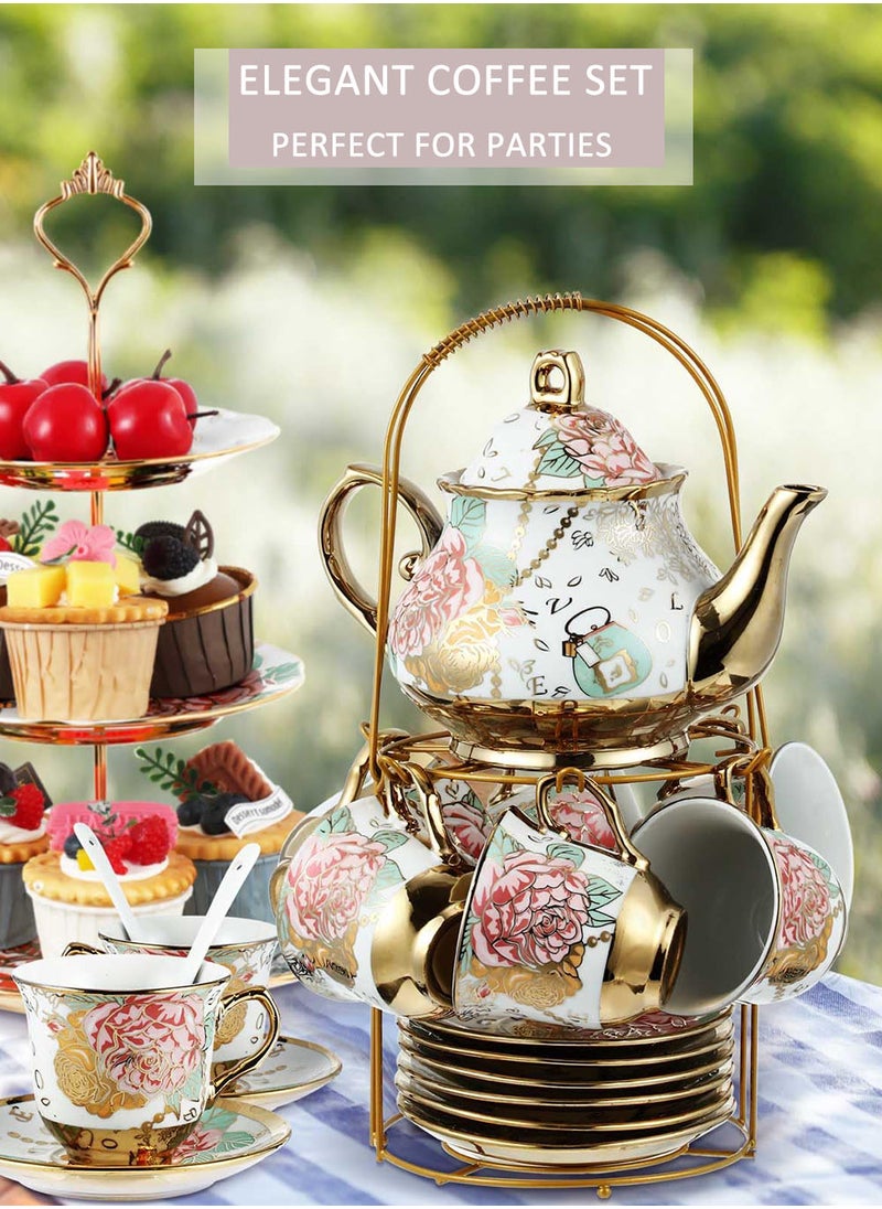 EzzySo - Deluxe Floral Ceramic Coffee Set with Golden Shelf 20 Pieces Hand-Painted Tea Set, Includes Cups, Saucers, Spoons, Teapot, Elegant Gifting, Gold Plated Ceramic Coffee Set Serving 6 People - Image 1