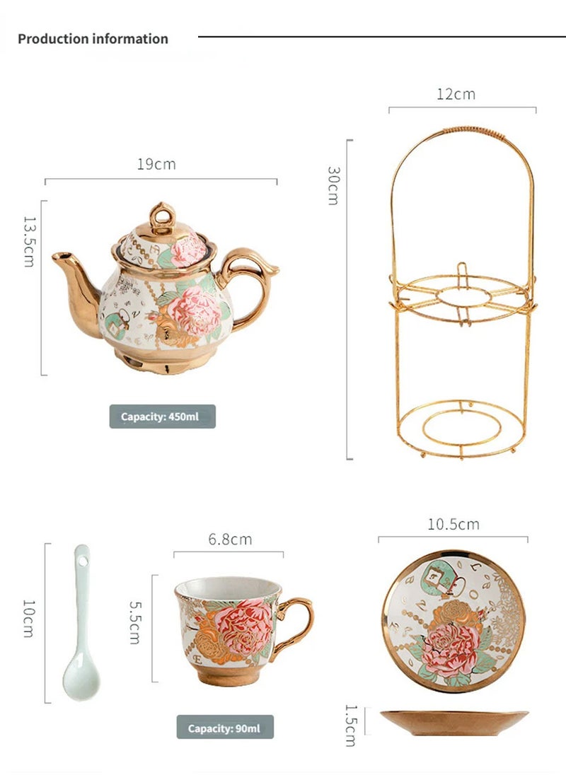 EzzySo - Deluxe Floral Ceramic Coffee Set with Golden Shelf 20 Pieces Hand-Painted Tea Set, Includes Cups, Saucers, Spoons, Teapot, Elegant Gifting, Gold Plated Ceramic Coffee Set Serving 6 People - Image 1