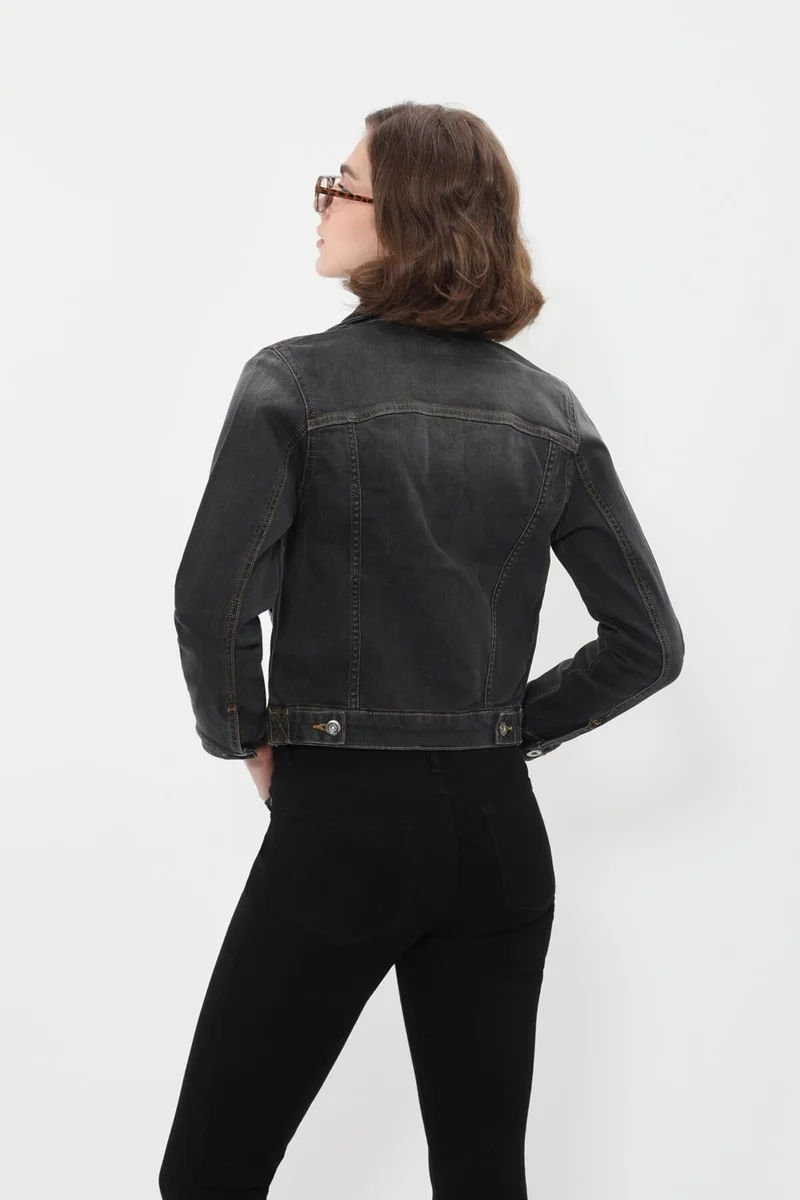 Banny Jeans Women's Slim Fit Dark Gray Jean Jacket with Pocket Detail