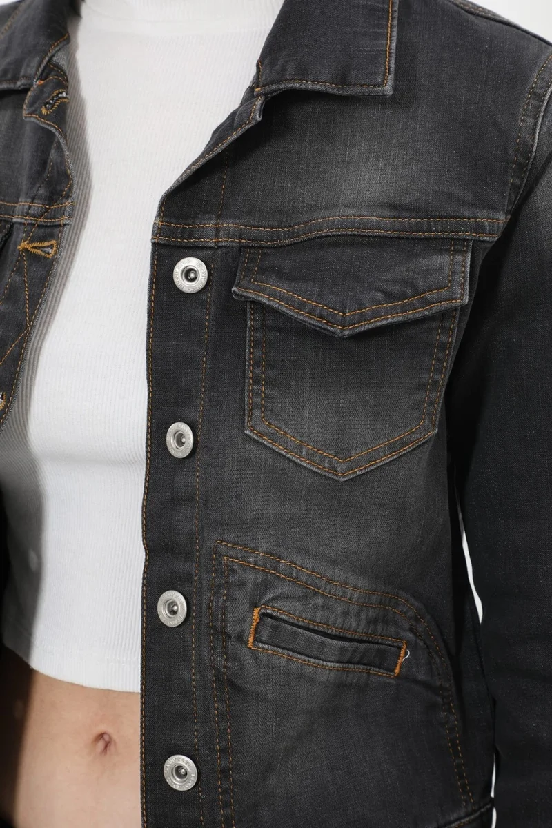 Banny Jeans Women's Slim Fit Dark Gray Jean Jacket with Pocket Detail