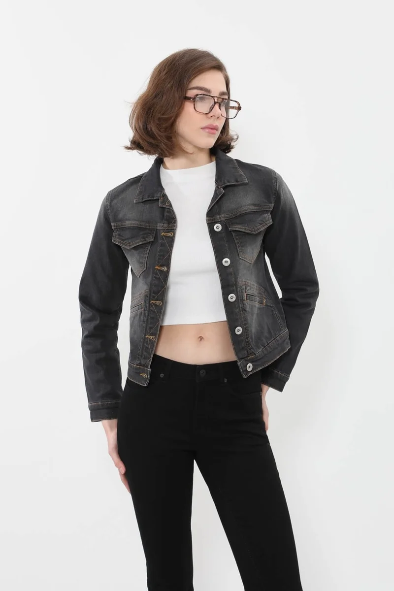 Banny Jeans Women's Slim Fit Dark Gray Jean Jacket with Pocket Detail