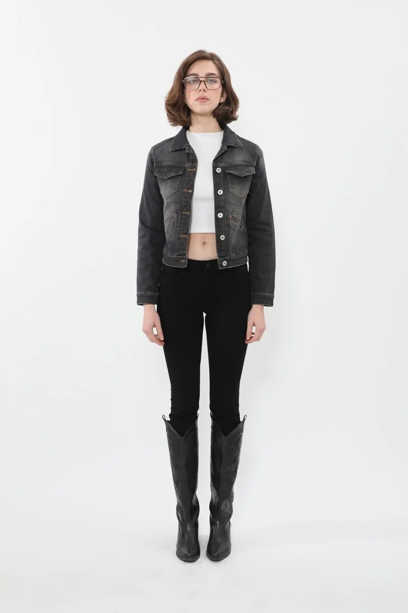 Banny Jeans Women's Slim Fit Dark Gray Jean Jacket with Pocket Detail
