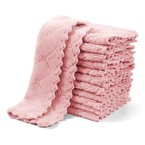 UMANI 12 Pack Kitchen Dish Cloths, Ultra Soft Absorbent Quick Drying Dish Towels, Nonstick Oil Microfiber Cleaning Cloth, Machine Washable Coral Fleece Cleaning Rags (Pink) - Image 1