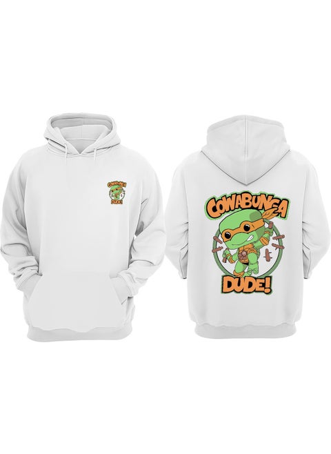 Unisex Cowabunge Dude Ninja Turtle Design Front Back Printed Regular Fit White Sweatshirt