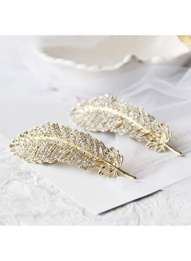 Fodattm Vintage Rhinestone Leaf Feather Style Hair Barrette Hair Clip Elegant French Clip Wedding Hair Pin (Gold)  - Image 5