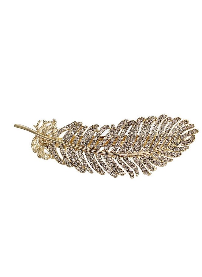 Fodattm Vintage Rhinestone Leaf Feather Style Hair Barrette Hair Clip Elegant French Clip Wedding Hair Pin (Gold)  - Image 1