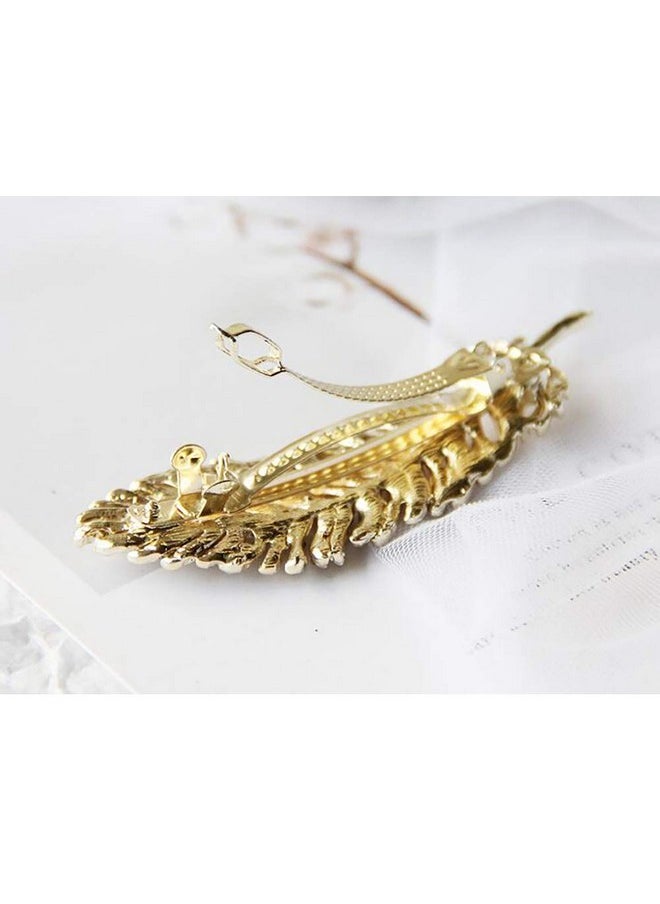 Fodattm Vintage Rhinestone Leaf Feather Style Hair Barrette Hair Clip Elegant French Clip Wedding Hair Pin (Gold)  - Image 2