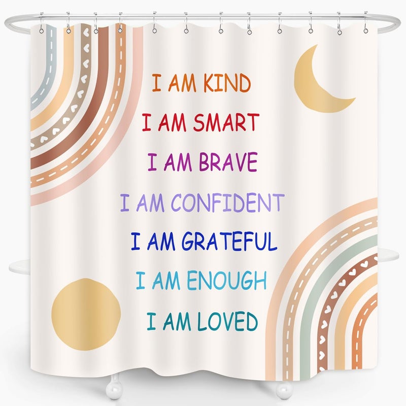 ZXMBF ZXMBF Boho Rainbow Quotes Shower Curtain Colorful Inspirational Positive Kids Teen Girls Abstract Moon Sun Fabric Home Bathroom Decor Waterproof Fabric 72Lx72W Inch with Plastic 12PCS Hooks - Image 2