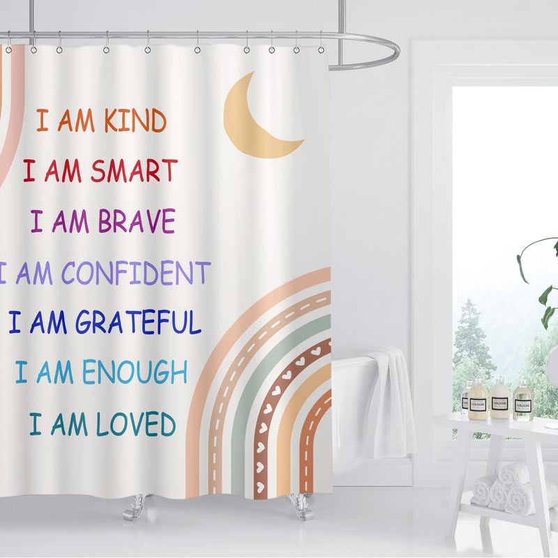 ZXMBF ZXMBF Boho Rainbow Quotes Shower Curtain Colorful Inspirational Positive Kids Teen Girls Abstract Moon Sun Fabric Home Bathroom Decor Waterproof Fabric 72Lx72W Inch with Plastic 12PCS Hooks - Image 1