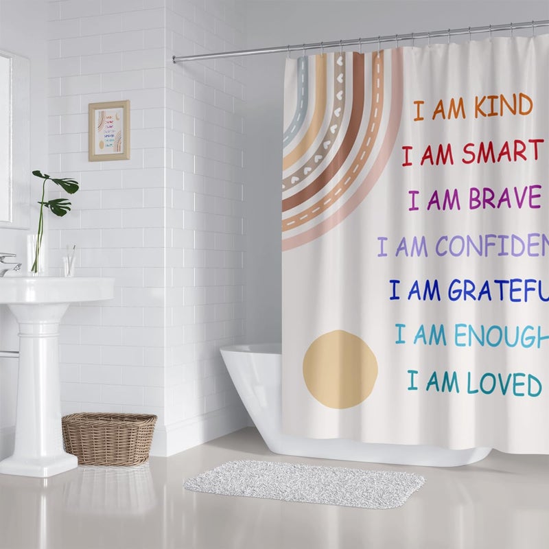 ZXMBF ZXMBF Boho Rainbow Quotes Shower Curtain Colorful Inspirational Positive Kids Teen Girls Abstract Moon Sun Fabric Home Bathroom Decor Waterproof Fabric 72Lx72W Inch with Plastic 12PCS Hooks - Image 4