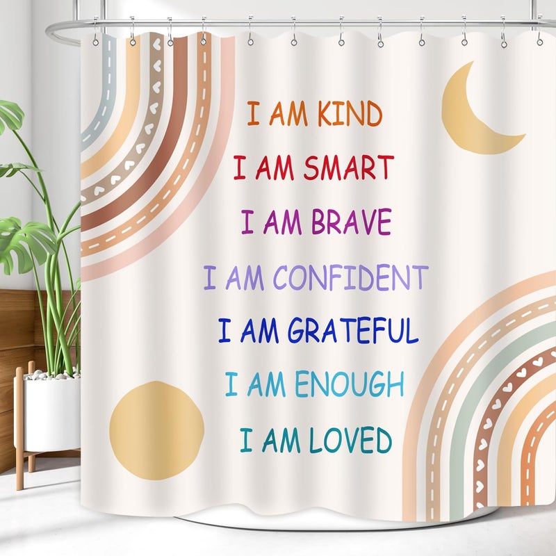 ZXMBF ZXMBF Boho Rainbow Quotes Shower Curtain Colorful Inspirational Positive Kids Teen Girls Abstract Moon Sun Fabric Home Bathroom Decor Waterproof Fabric 72Lx72W Inch with Plastic 12PCS Hooks - Image 3