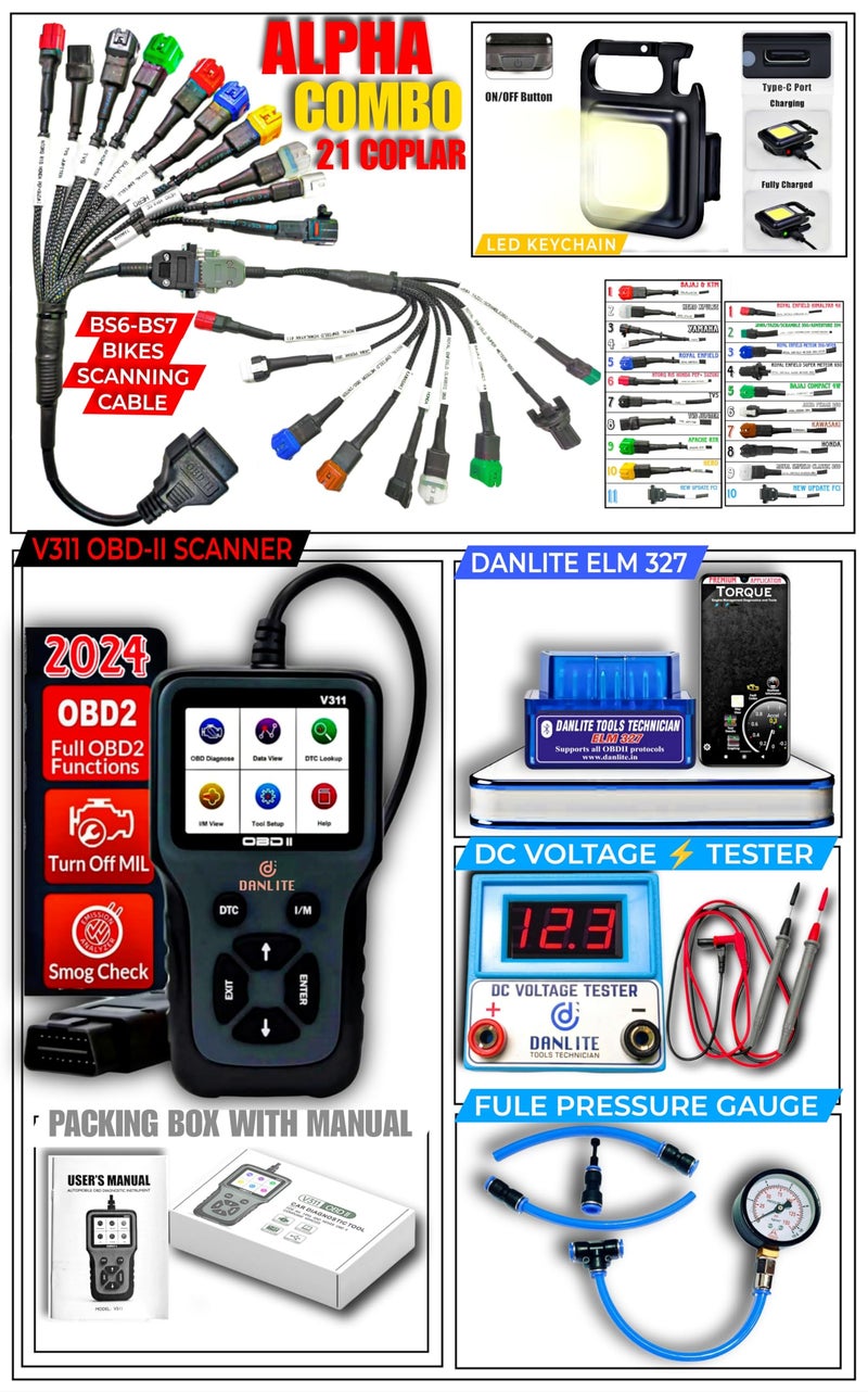 DANLITE TOOLS TECHNICIAN BS6-BS7 Scanning Cable [21 • Coplar] with V311 OBD-II Diagnostic Scanner,ELM 327 OBD-II Scanner, ★DC Voltage Tester,★Fule Pressure Gauge,★LED Keychain Light,★Free Continuity Tester [★Scanning KIT★] - Image 2