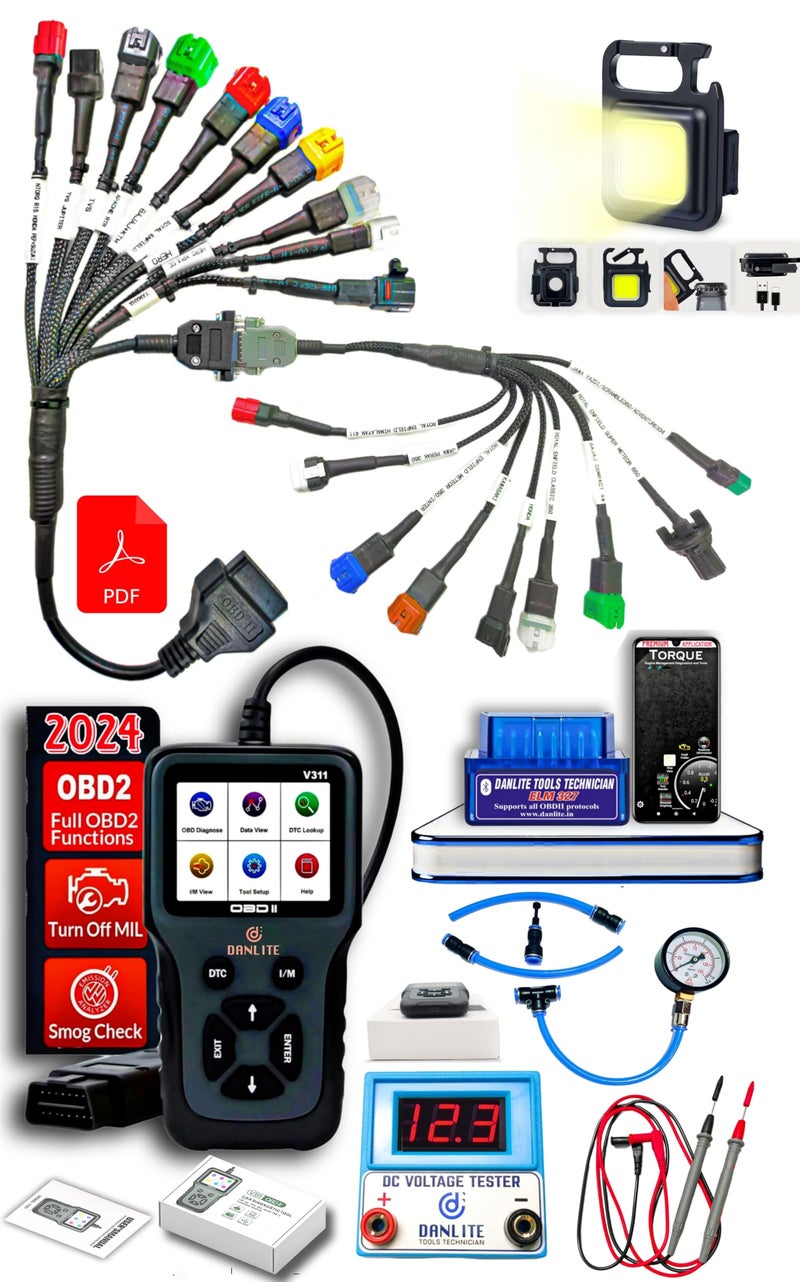 DANLITE TOOLS TECHNICIAN BS6-BS7 Scanning Cable [21 • Coplar] with V311 OBD-II Diagnostic Scanner,ELM 327 OBD-II Scanner, ★DC Voltage Tester,★Fule Pressure Gauge,★LED Keychain Light,★Free Continuity Tester [★Scanning KIT★] - Image 1