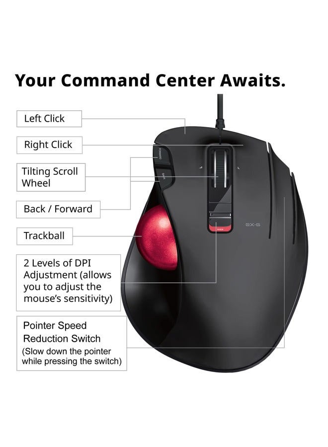 ELECOM EX-G Wired Trackball Mouse, Ergonomic Thumb Control, Smooth Tracking Roller Ball, 5 Programmable Buttons, Tilt Scroll, Computer Mice for PC Mac - Image 5