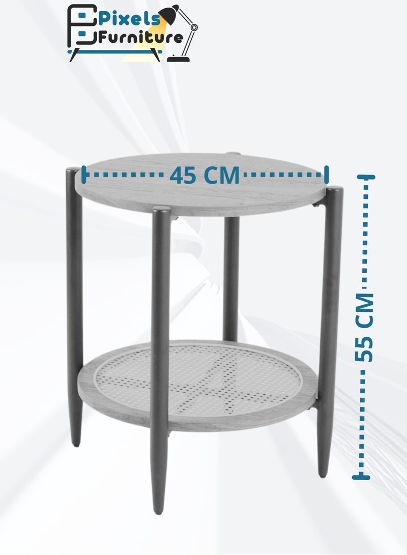 PixelsFurniture Pixels Furniture 2 Tier Round Side Table Coffee Table with Wood Top, Rattan Bottom Shelf and Metal Ends, Suitable for Living Room, Balcony, Garden Sturdy Side Table - Image 3