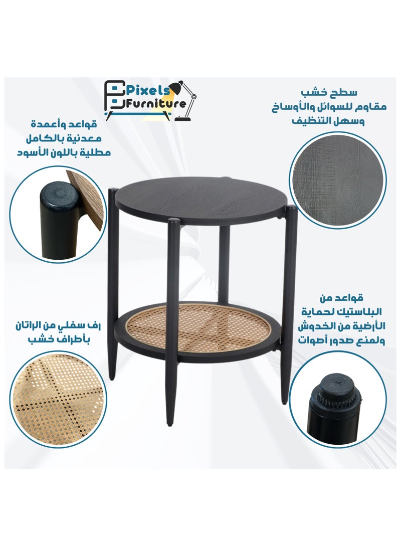 PixelsFurniture Pixels Furniture 2 Tier Round Side Table Coffee Table with Wood Top, Rattan Bottom Shelf and Metal Ends, Suitable for Living Room, Balcony, Garden Sturdy Side Table - Image 2