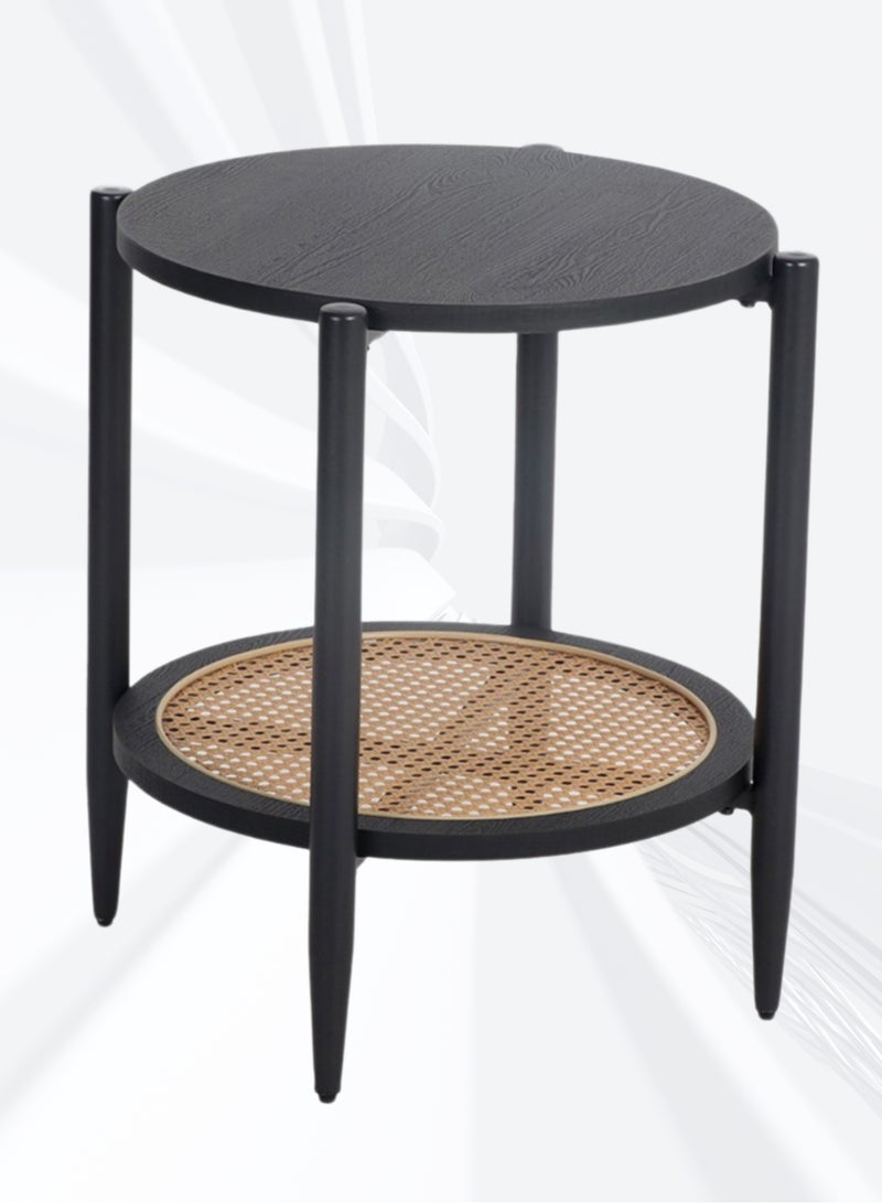 PixelsFurniture Pixels Furniture 2 Tier Round Side Table Coffee Table with Wood Top, Rattan Bottom Shelf and Metal Ends, Suitable for Living Room, Balcony, Garden Sturdy Side Table - Image 1