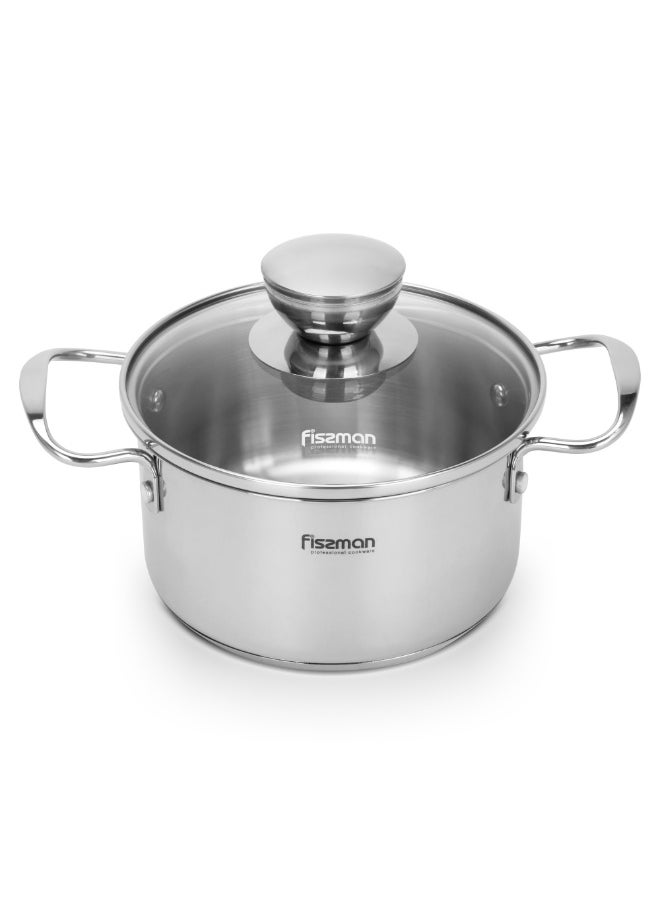 Fissman Cooking Pot 1.1L with Glass Lid, Stainless Steel Stockpot 14x7.5cm Mini Cook Series | 18/10 INOX304 Steel Mirror-Polished Kitchen Cookware | Induction Compatible | Dishwasher Safe  - Image 1