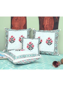 OJARIYA Red Flower and Green Hand Block Printed Quilted Premium Cotton Cushion Cover 65 X 65 Cm  - Image 4