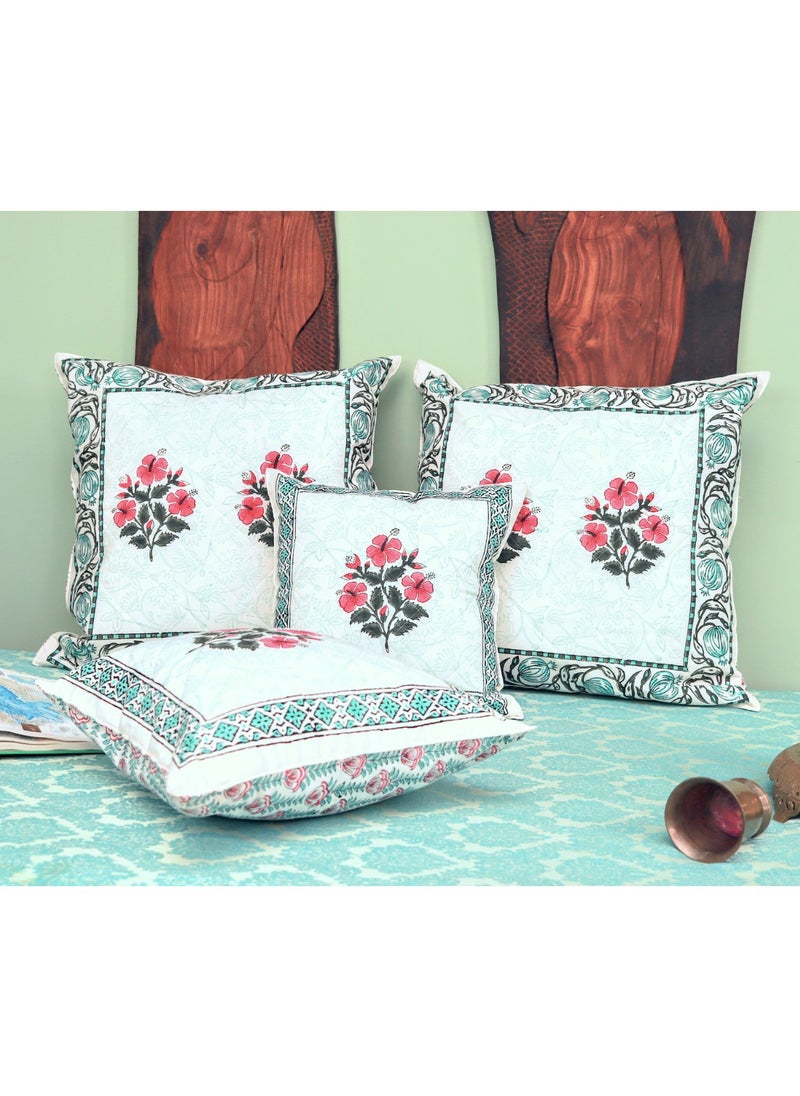 OJARIYA Red Flower and Green Hand Block Printed Quilted Premium Cotton Cushion Cover 65 X 65 Cm  - Image 4