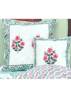 OJARIYA Red Flower and Green Hand Block Printed Quilted Premium Cotton Cushion Cover 65 X 65 Cm  - Image 3