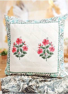 OJARIYA Red Flower and Green Hand Block Printed Quilted Premium Cotton Cushion Cover 65 X 65 Cm  - Image 1
