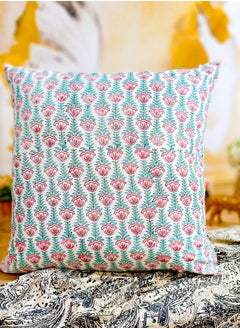 OJARIYA Red Flower and Green Hand Block Printed Quilted Premium Cotton Cushion Cover 65 X 65 Cm  - Image 2