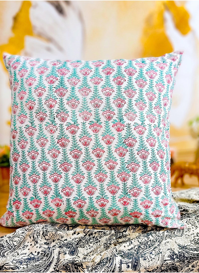 OJARIYA Red Flower and Green Hand Block Printed Quilted Premium Cotton Cushion Cover 65 X 65 Cm  - Image 2