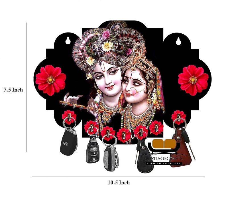 Heritage Crafts Heritagecrafts Designer Beautiful Special Addition Home Wooden 7 Hook Wood Key Holder for Home Office Living RoomKitchen 7 Hooks Multicolor 05 khp Radha Krishna Black - Image 2