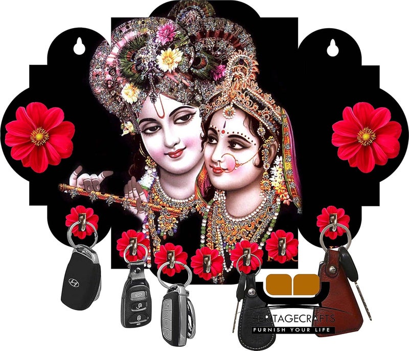 Heritage Crafts Heritagecrafts Designer Beautiful Special Addition Home Wooden 7 Hook Wood Key Holder for Home Office Living RoomKitchen 7 Hooks Multicolor 05 khp Radha Krishna Black - Image 1
